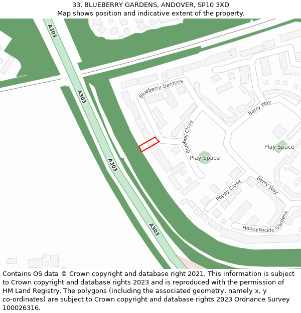 33, BLUEBERRY GARDENS, ANDOVER, SP10 3XD: Location map and indicative extent of plot