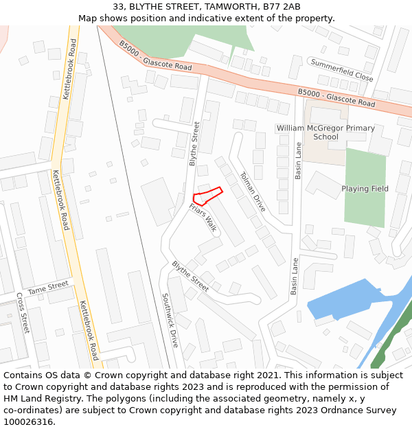 33, BLYTHE STREET, TAMWORTH, B77 2AB: Location map and indicative extent of plot
