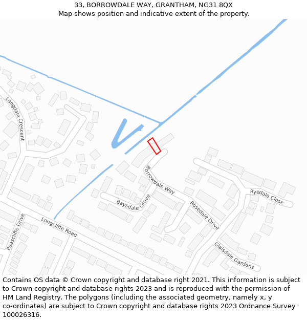 33, BORROWDALE WAY, GRANTHAM, NG31 8QX: Location map and indicative extent of plot