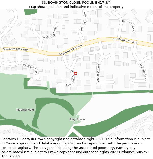 33, BOVINGTON CLOSE, POOLE, BH17 8AY: Location map and indicative extent of plot