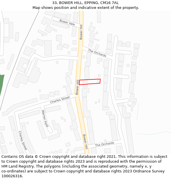 33, BOWER HILL, EPPING, CM16 7AL: Location map and indicative extent of plot