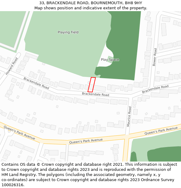 33, BRACKENDALE ROAD, BOURNEMOUTH, BH8 9HY: Location map and indicative extent of plot