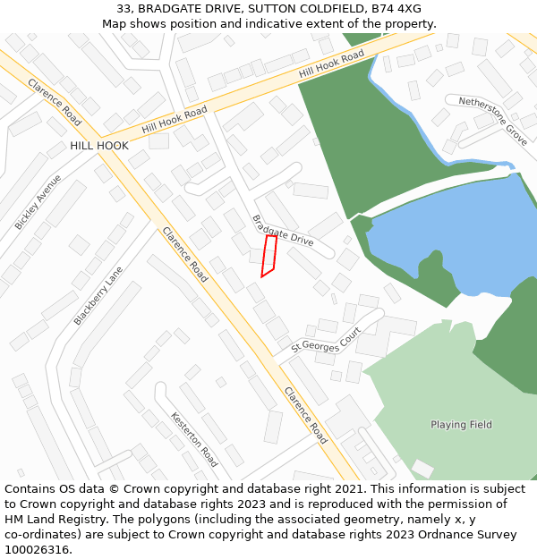 33, BRADGATE DRIVE, SUTTON COLDFIELD, B74 4XG: Location map and indicative extent of plot