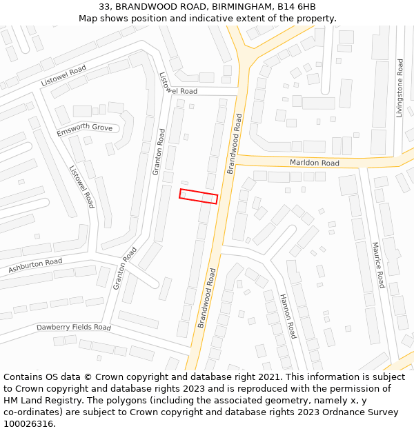 33, BRANDWOOD ROAD, BIRMINGHAM, B14 6HB: Location map and indicative extent of plot
