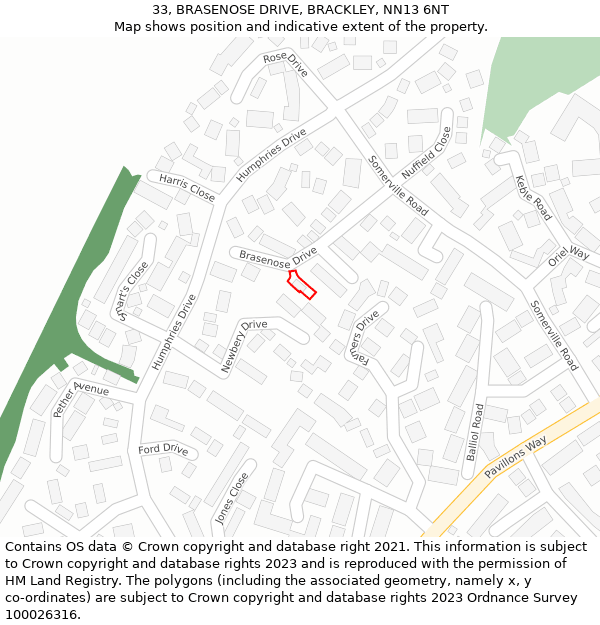 33, BRASENOSE DRIVE, BRACKLEY, NN13 6NT: Location map and indicative extent of plot