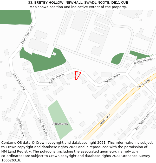 33, BRETBY HOLLOW, NEWHALL, SWADLINCOTE, DE11 0UE: Location map and indicative extent of plot