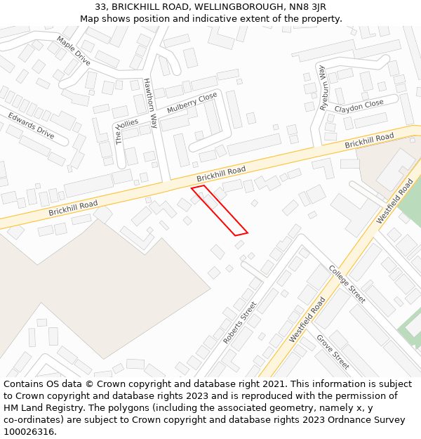 33, BRICKHILL ROAD, WELLINGBOROUGH, NN8 3JR: Location map and indicative extent of plot