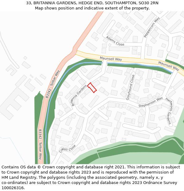 33, BRITANNIA GARDENS, HEDGE END, SOUTHAMPTON, SO30 2RN: Location map and indicative extent of plot