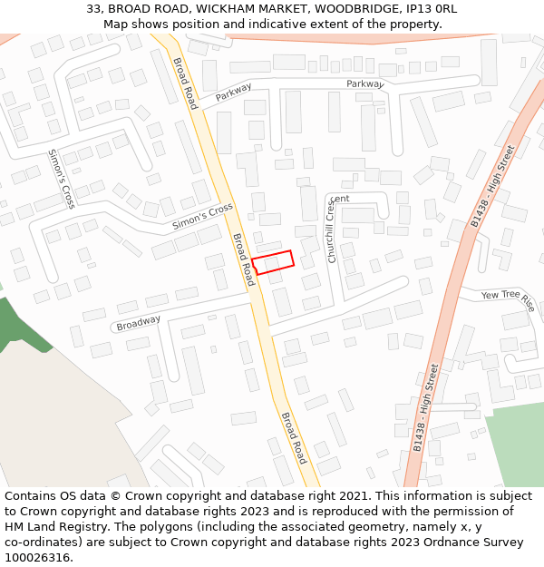 33, BROAD ROAD, WICKHAM MARKET, WOODBRIDGE, IP13 0RL: Location map and indicative extent of plot