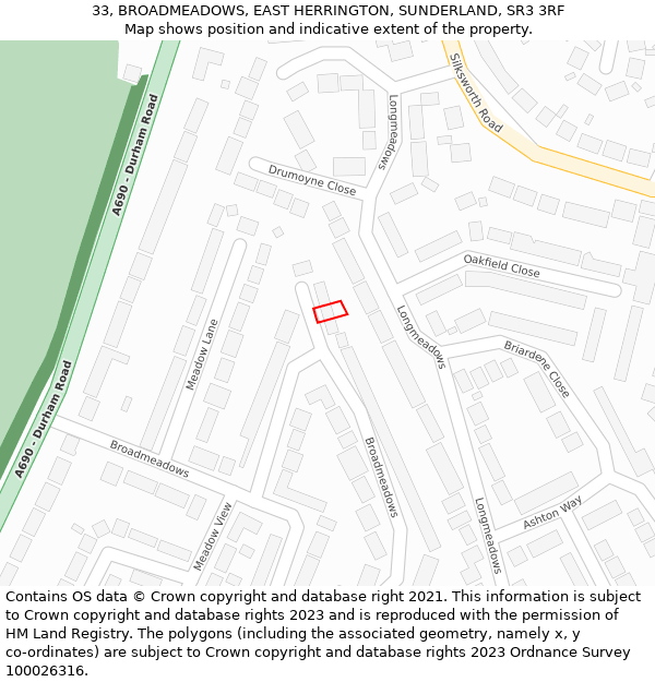 33, BROADMEADOWS, EAST HERRINGTON, SUNDERLAND, SR3 3RF: Location map and indicative extent of plot