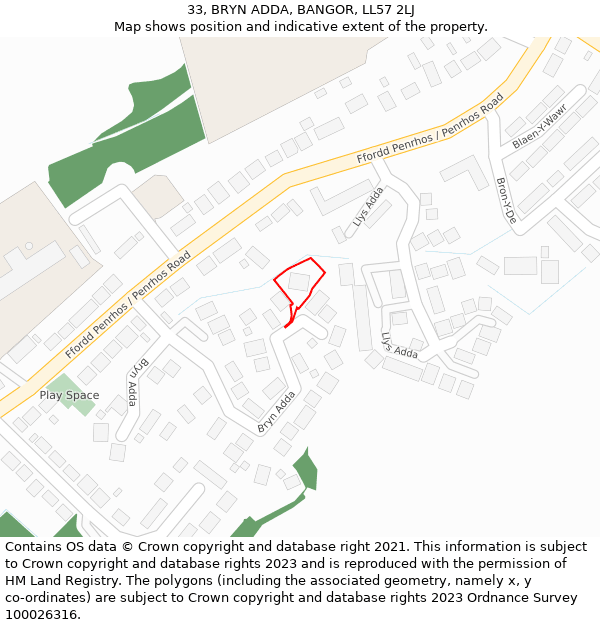 33, BRYN ADDA, BANGOR, LL57 2LJ: Location map and indicative extent of plot