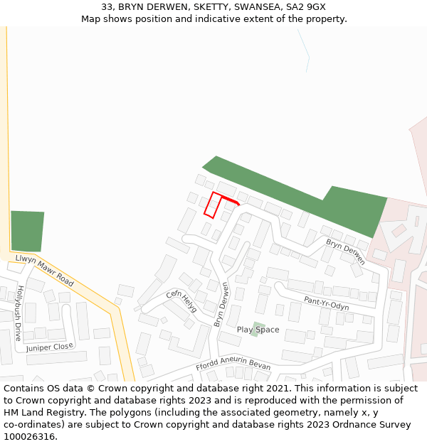 33, BRYN DERWEN, SKETTY, SWANSEA, SA2 9GX: Location map and indicative extent of plot