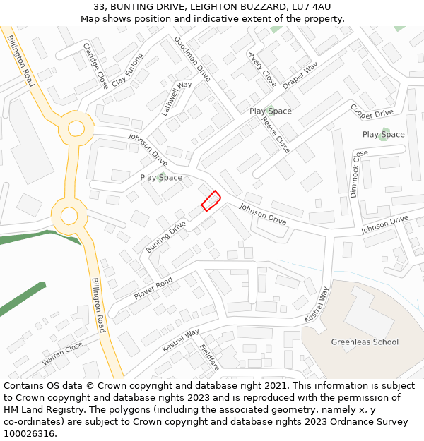 33, BUNTING DRIVE, LEIGHTON BUZZARD, LU7 4AU: Location map and indicative extent of plot