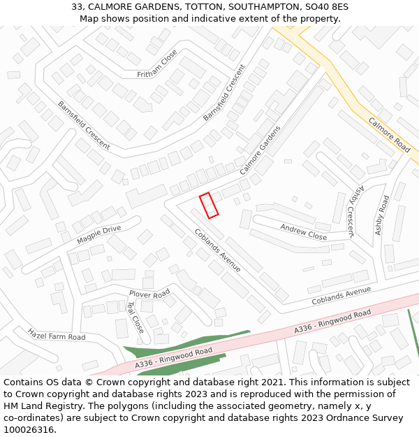 33, CALMORE GARDENS, TOTTON, SOUTHAMPTON, SO40 8ES: Location map and indicative extent of plot