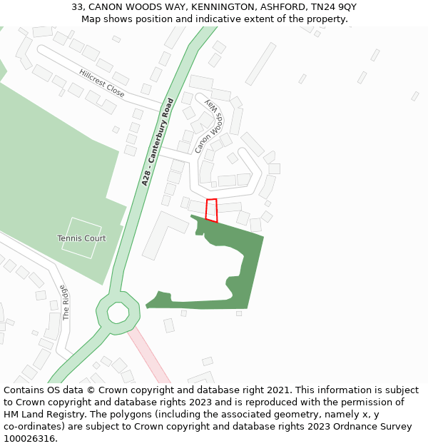 33, CANON WOODS WAY, KENNINGTON, ASHFORD, TN24 9QY: Location map and indicative extent of plot