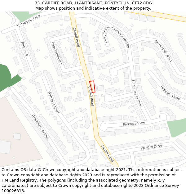 33, CARDIFF ROAD, LLANTRISANT, PONTYCLUN, CF72 8DG: Location map and indicative extent of plot