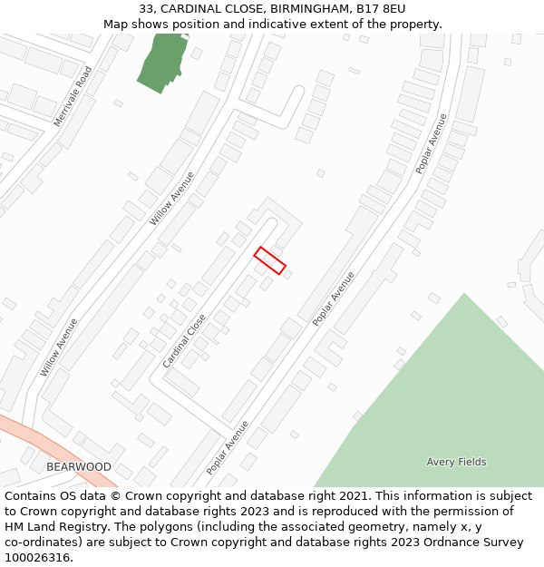 33, CARDINAL CLOSE, BIRMINGHAM, B17 8EU: Location map and indicative extent of plot