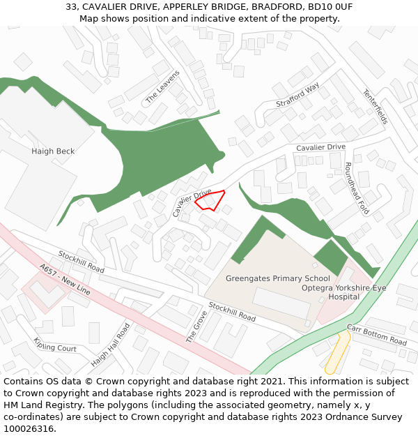 33, CAVALIER DRIVE, APPERLEY BRIDGE, BRADFORD, BD10 0UF: Location map and indicative extent of plot