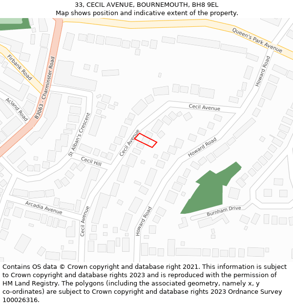 33, CECIL AVENUE, BOURNEMOUTH, BH8 9EL: Location map and indicative extent of plot