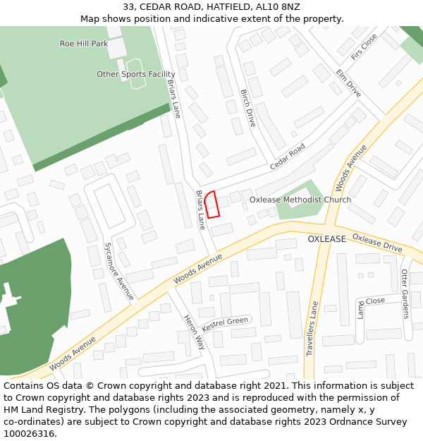 33, CEDAR ROAD, HATFIELD, AL10 8NZ: Location map and indicative extent of plot