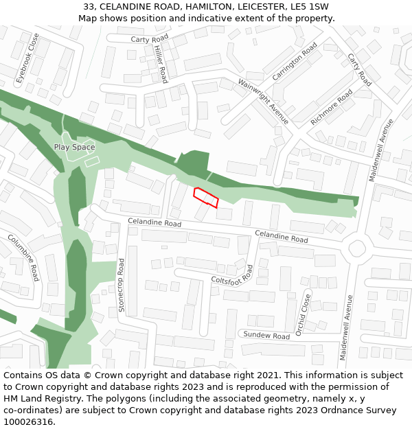 33, CELANDINE ROAD, HAMILTON, LEICESTER, LE5 1SW: Location map and indicative extent of plot