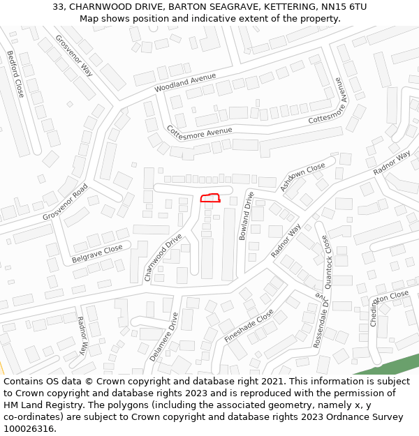 33, CHARNWOOD DRIVE, BARTON SEAGRAVE, KETTERING, NN15 6TU: Location map and indicative extent of plot