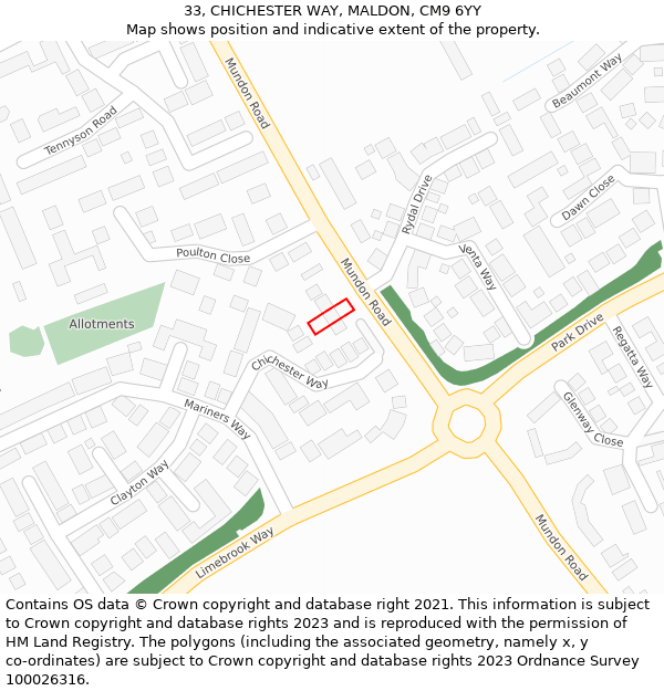 33, CHICHESTER WAY, MALDON, CM9 6YY: Location map and indicative extent of plot