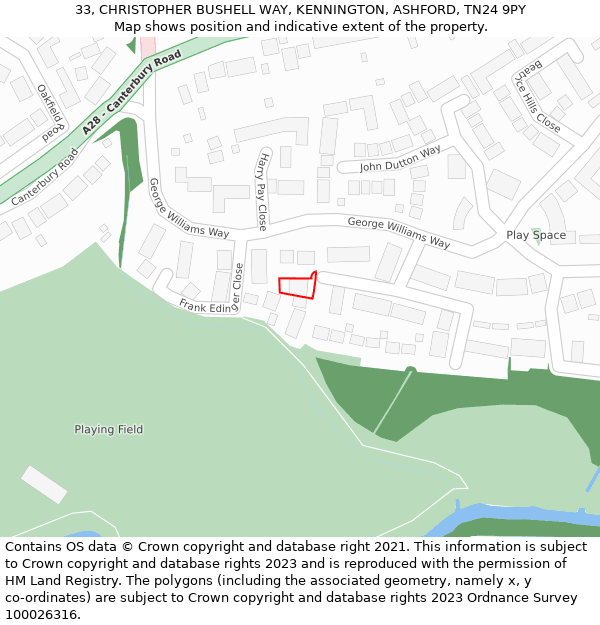 33, CHRISTOPHER BUSHELL WAY, KENNINGTON, ASHFORD, TN24 9PY: Location map and indicative extent of plot