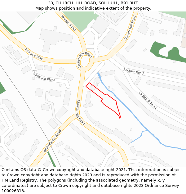 33, CHURCH HILL ROAD, SOLIHULL, B91 3HZ: Location map and indicative extent of plot