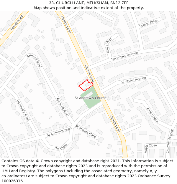 33, CHURCH LANE, MELKSHAM, SN12 7EF: Location map and indicative extent of plot