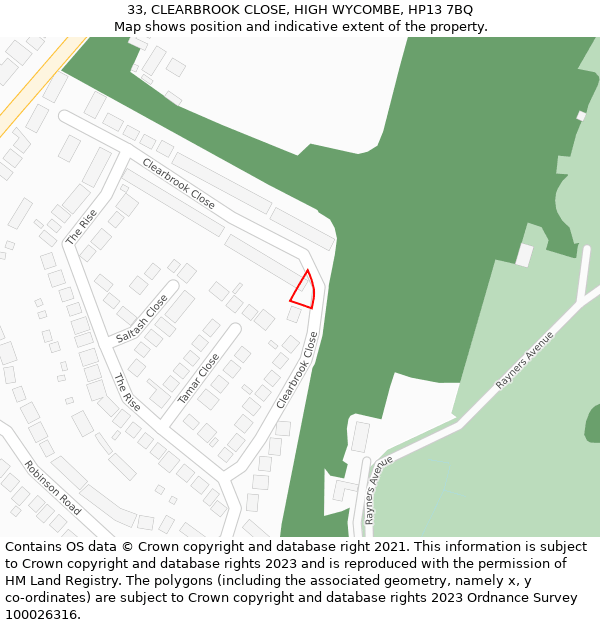 33, CLEARBROOK CLOSE, HIGH WYCOMBE, HP13 7BQ: Location map and indicative extent of plot