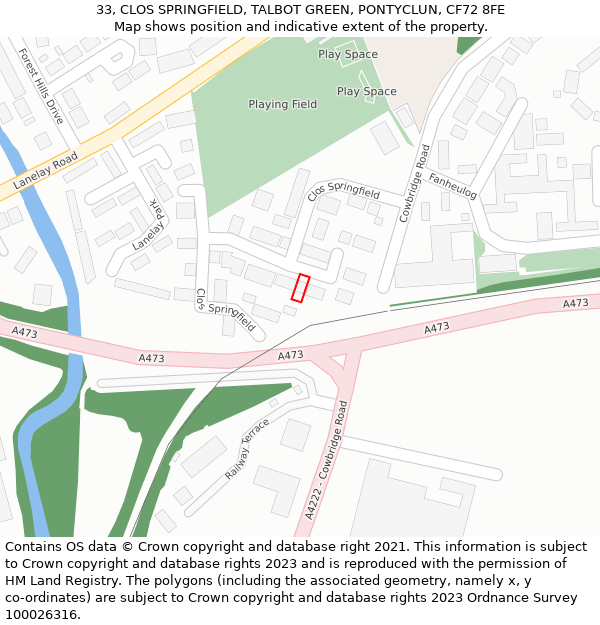 33, CLOS SPRINGFIELD, TALBOT GREEN, PONTYCLUN, CF72 8FE: Location map and indicative extent of plot