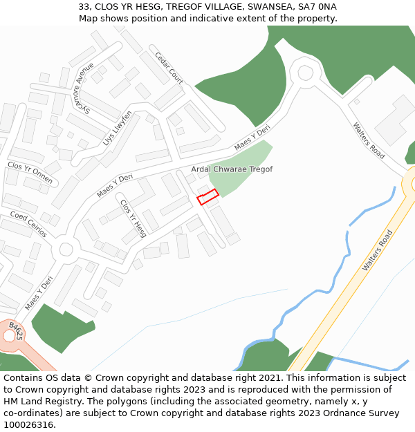 33, CLOS YR HESG, TREGOF VILLAGE, SWANSEA, SA7 0NA: Location map and indicative extent of plot