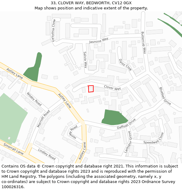 33, CLOVER WAY, BEDWORTH, CV12 0GX: Location map and indicative extent of plot