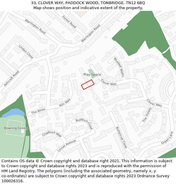 33, CLOVER WAY, PADDOCK WOOD, TONBRIDGE, TN12 6BQ: Location map and indicative extent of plot