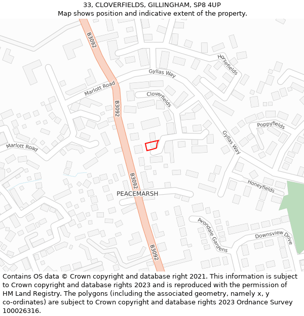 33, CLOVERFIELDS, GILLINGHAM, SP8 4UP: Location map and indicative extent of plot