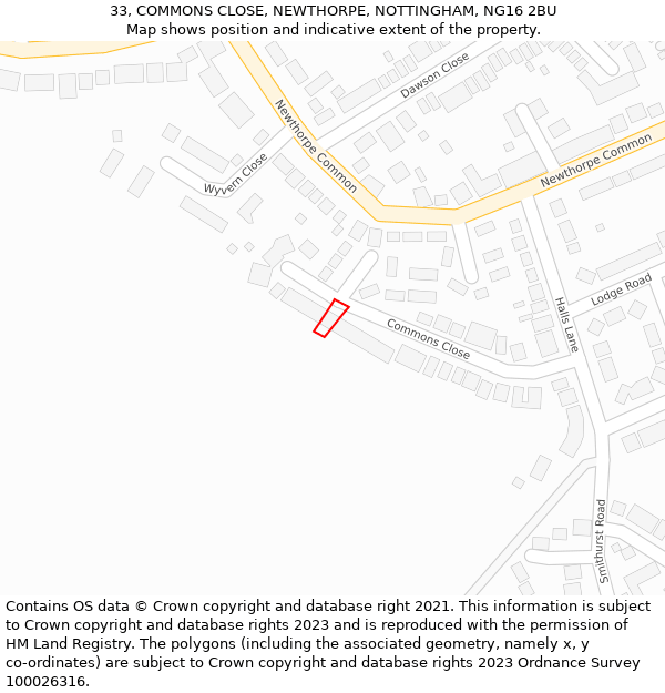 33, COMMONS CLOSE, NEWTHORPE, NOTTINGHAM, NG16 2BU: Location map and indicative extent of plot