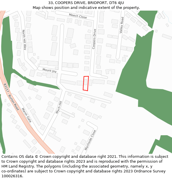 33, COOPERS DRIVE, BRIDPORT, DT6 4JU: Location map and indicative extent of plot