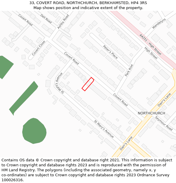 33, COVERT ROAD, NORTHCHURCH, BERKHAMSTED, HP4 3RS: Location map and indicative extent of plot