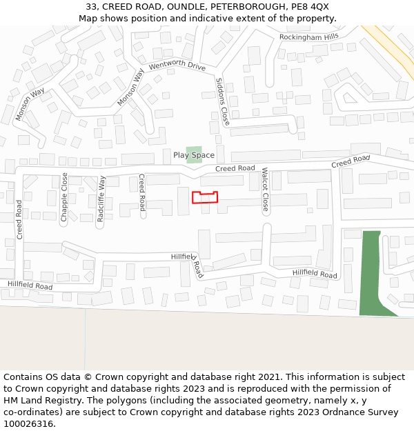 33, CREED ROAD, OUNDLE, PETERBOROUGH, PE8 4QX: Location map and indicative extent of plot