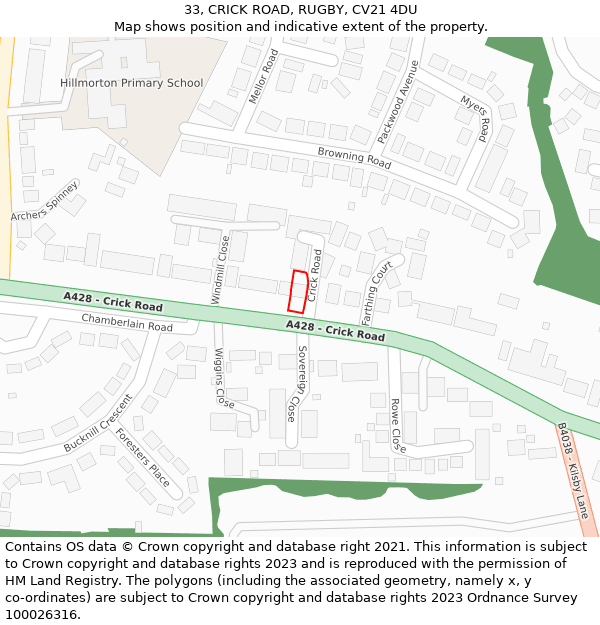 33, CRICK ROAD, RUGBY, CV21 4DU: Location map and indicative extent of plot