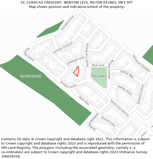 33, CURACAO CRESCENT, NEWTON LEYS, MILTON KEYNES, MK3 5PT: Location map and indicative extent of plot