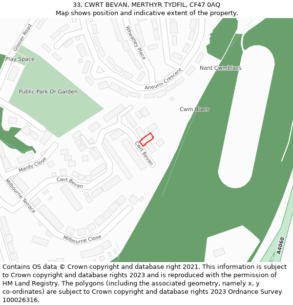 33, CWRT BEVAN, MERTHYR TYDFIL, CF47 0AQ: Location map and indicative extent of plot