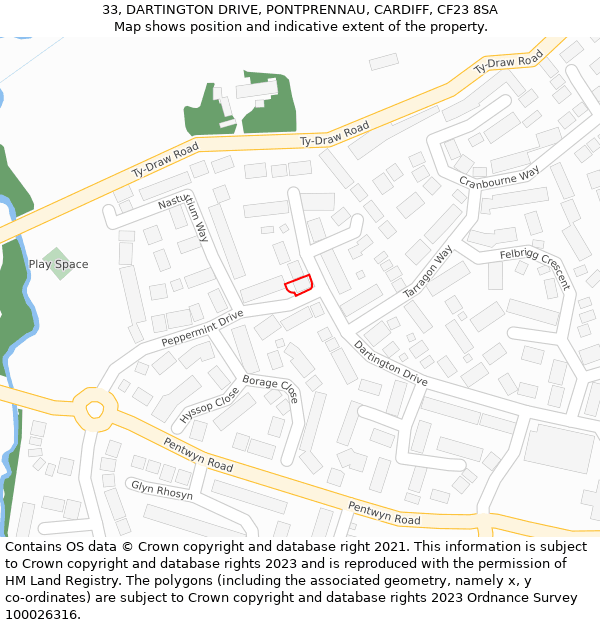 33, DARTINGTON DRIVE, PONTPRENNAU, CARDIFF, CF23 8SA: Location map and indicative extent of plot