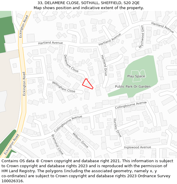 33, DELAMERE CLOSE, SOTHALL, SHEFFIELD, S20 2QE: Location map and indicative extent of plot