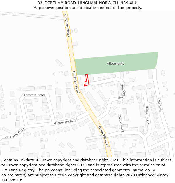 33, DEREHAM ROAD, HINGHAM, NORWICH, NR9 4HH: Location map and indicative extent of plot