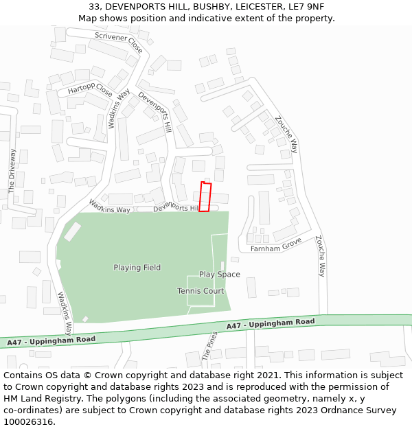 33, DEVENPORTS HILL, BUSHBY, LEICESTER, LE7 9NF: Location map and indicative extent of plot