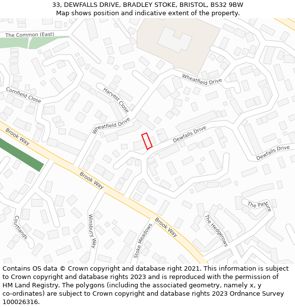 33, DEWFALLS DRIVE, BRADLEY STOKE, BRISTOL, BS32 9BW: Location map and indicative extent of plot