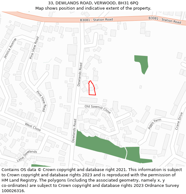 33, DEWLANDS ROAD, VERWOOD, BH31 6PQ: Location map and indicative extent of plot
