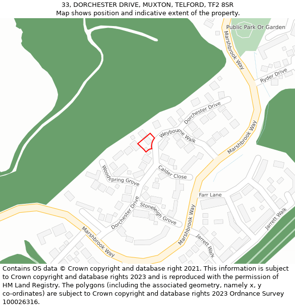 33, DORCHESTER DRIVE, MUXTON, TELFORD, TF2 8SR: Location map and indicative extent of plot